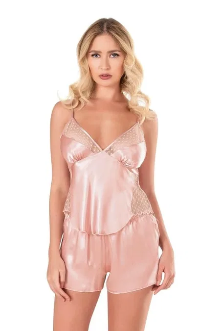 Koyu Pudra Saten Babydoll Şort Takımı Ahu 9134 - Pudra