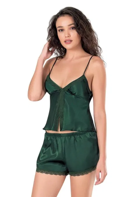Koyu Yeşil Saten Babydoll Şort Takımı Ahu 9128 - Yeşil
