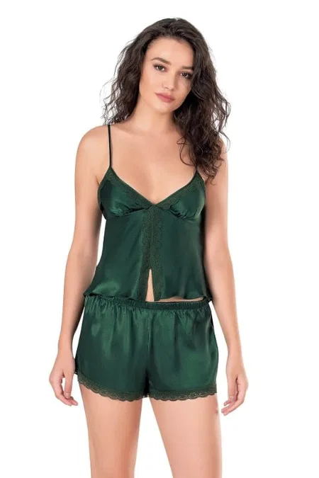 Koyu Yeşil Saten Babydoll Şort Takımı Ahu 9128 - Yeşil
