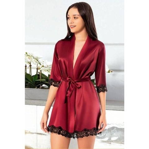 Kuşaklı Bordo Dantelli Saten Kısa Sabahlık XSES 2118