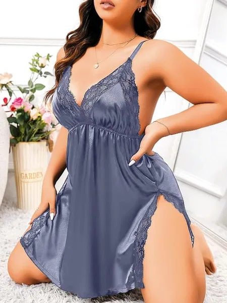 Lacivert Dantelli Saten Büyük Beden Fantezi Gecelik Pink Night 6687 - Lacivert