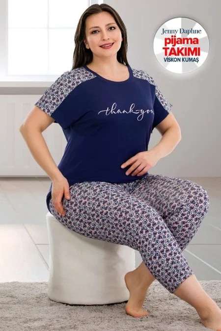 Lacivert Desenli Kapri Büyük Beden Pijama Takımı Lady 10682 - Lacivert