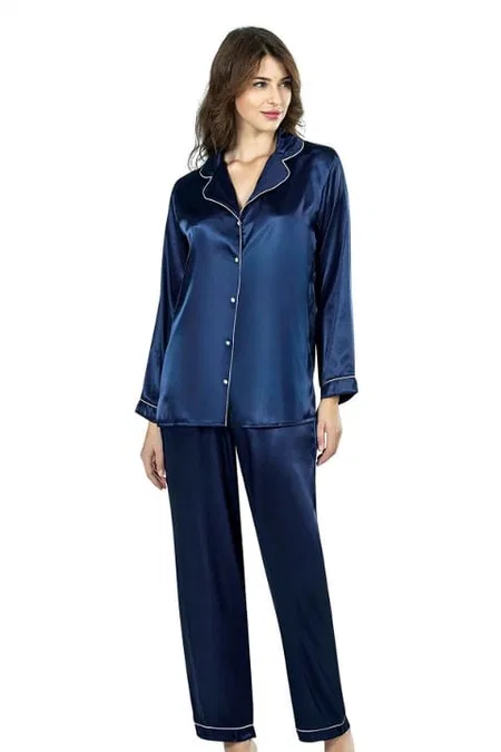 Lacivert Saten İkili Pijama Takımı Ahu 7647 - Lacivert