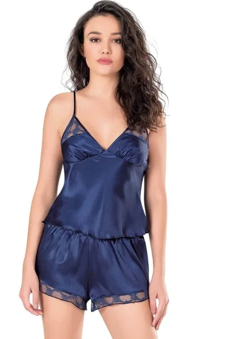 Lacivert İp Askılı Saten Babydoll Şort Takımı Ahu 9135 - Lacivert