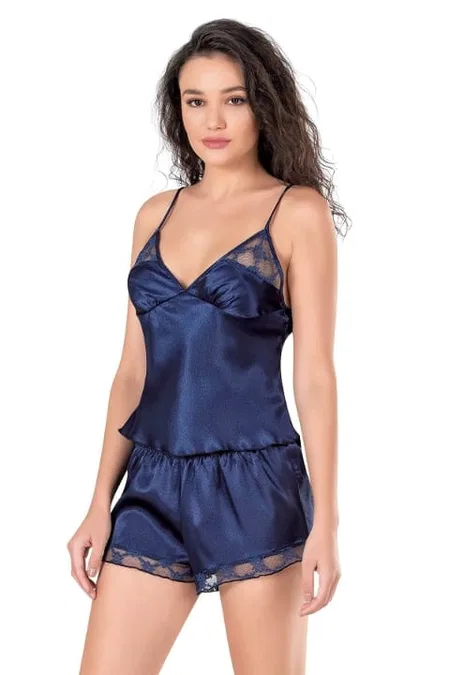 Lacivert İp Askılı Saten Babydoll Şort Takımı Ahu 9135 - Lacivert