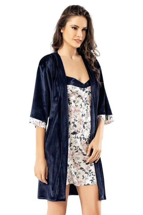 Lacivert Kadife Kadın Gecelik Takımı Ahu 1769 - 2