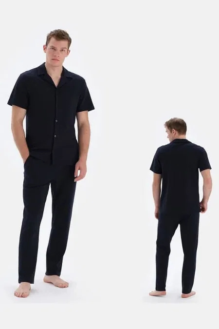 Kısa Kol Düğmeli Pijama Takımı Ekru Eros 33110 - Lacivert