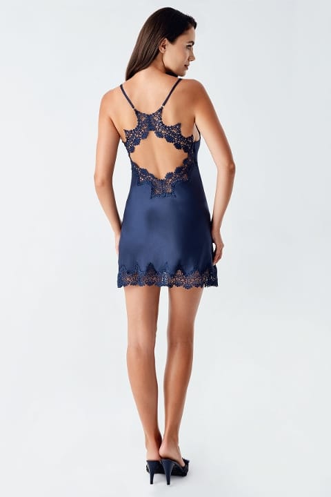 Lacivert Transparan Dantelli Mini Gecelik Takım İmaj 4210 - Lacivert