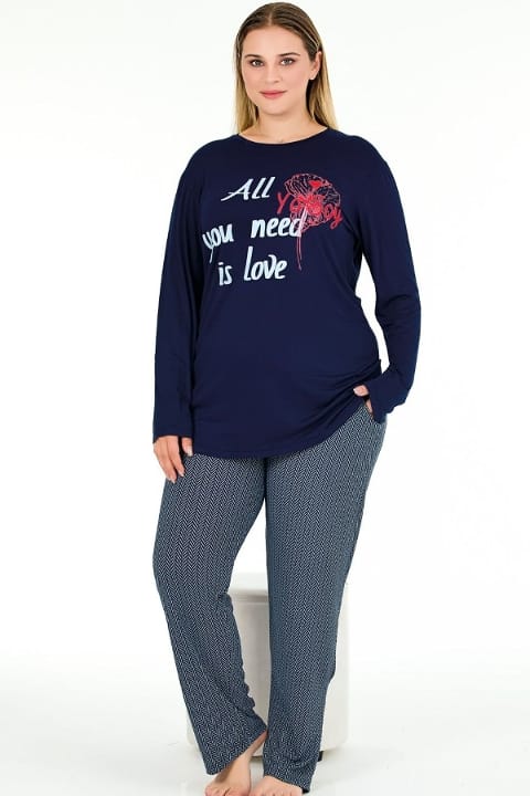 Uzun Kollu Büyük Beden Lacivert Pijama Takımı Lady 11396