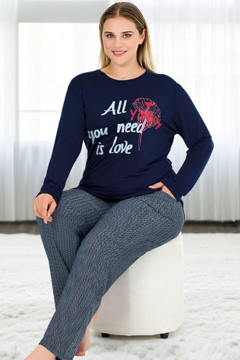 Uzun Kollu Büyük Beden Lacivert Pijama Takımı Lady 11396 - Lacivert