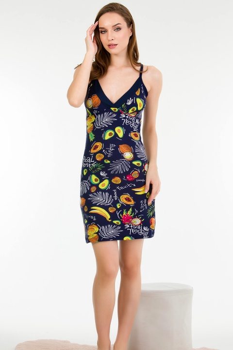 Pamuklu Lacivert Renkli Meyve Desenli Gecelik Lady 6171 - 2