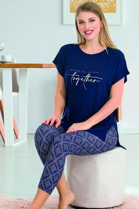 Lady Lacivert Viskon Rahat Kesim Kapri Pijama Takımı Lady 12064