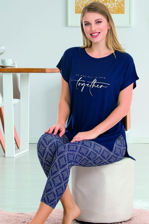 Lacivert Viskon Rahat Kesim Kapri Pijama Takımı Lady 12064