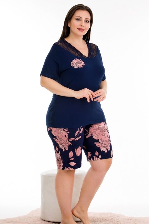 Dantelli Lacivert Şort Takım Viskon Kumaş Lady 10382 - Lacivert