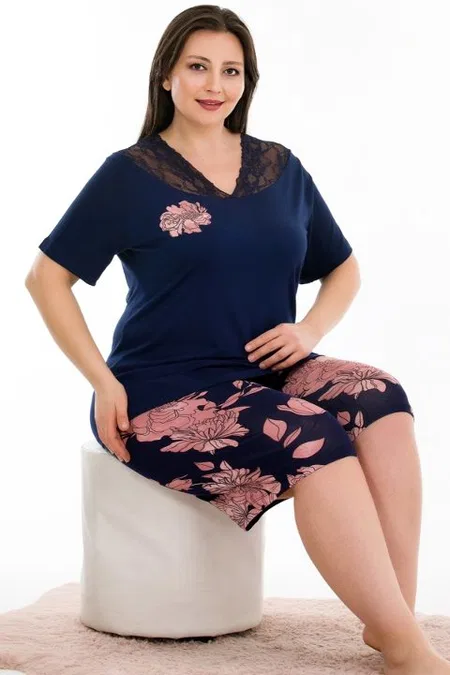 Dantelli Lacivert Şort Takım Viskon Kumaş Lady 10382 - Lacivert