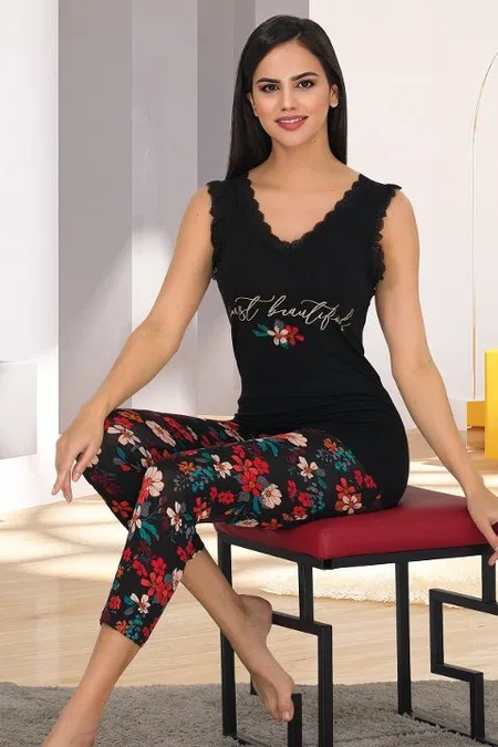 Siyah Çiçekli Kadın Pijama Takımı Lady 12023 - Siyah