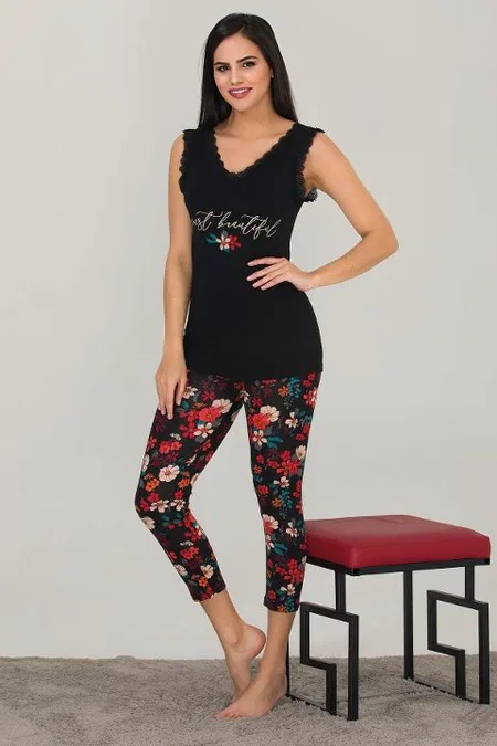 Siyah Çiçekli Kadın Pijama Takımı Lady 12023 - Siyah
