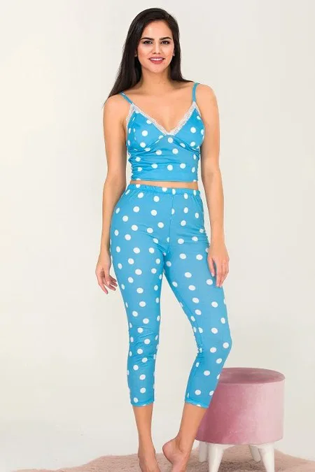 Yumuşak Penye Kumaş Kapri Pijama Takımı Lady 12033 - Mavi