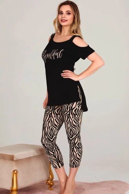 Lady Leopar Desenli Kapri Kısa Kollu Pijama Takımı Lady 12021