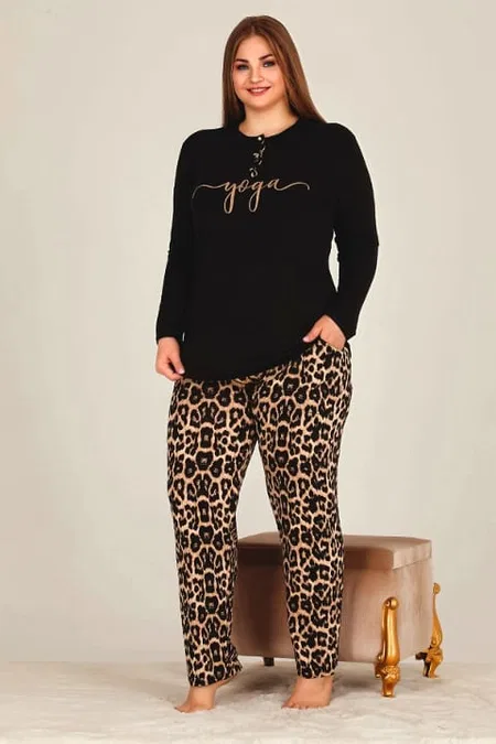 Leopar Desenli Büyük Beden Uzun Kollu Pijama Takımı Lady 11326 - Siyah