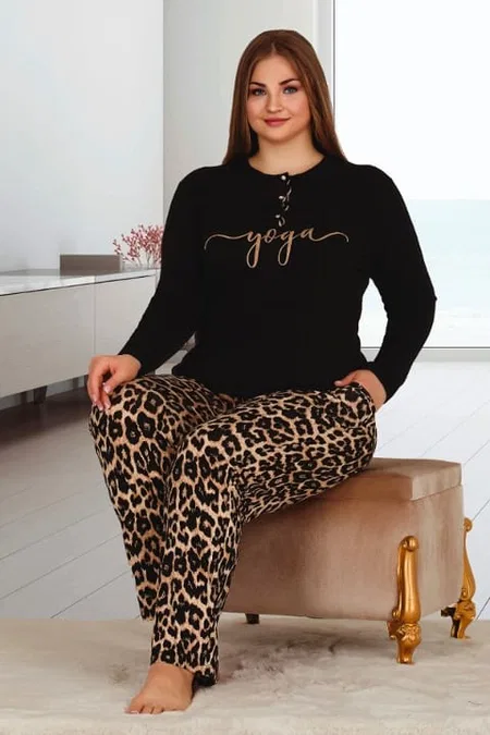 Leopar Desenli Büyük Beden Uzun Kollu Pijama Takımı Lady 11326 - Siyah