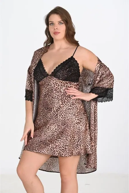 Leopar Desenli Bigsize Gecelik Sabahlık Takım Ahu 6203 - Leopar