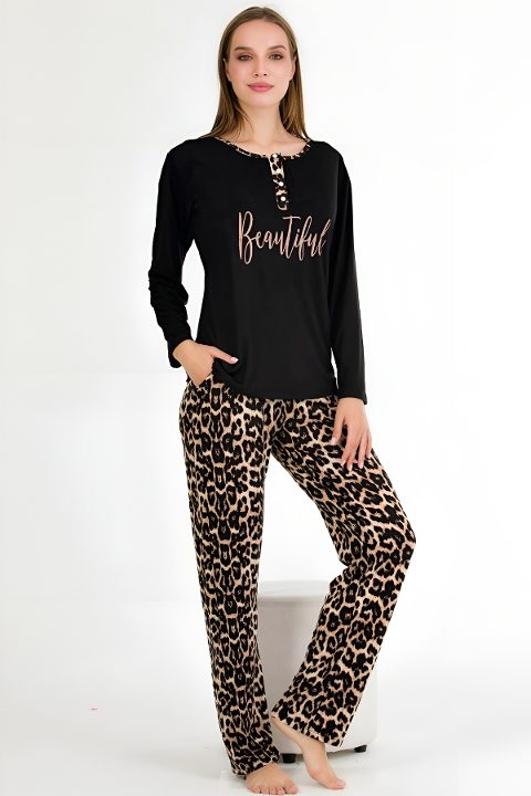 Leopar Desenli Uzun Kollu Pijama Takımı Lady 11647 - Siyah