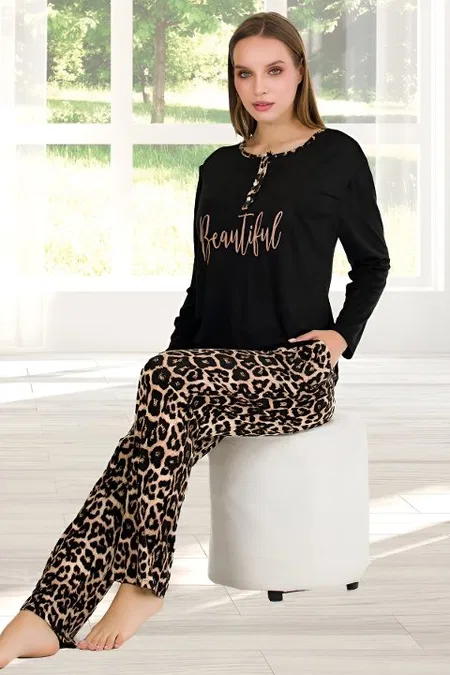 Leopar Desenli Uzun Kollu Pijama Takımı Lady 11647 - Siyah