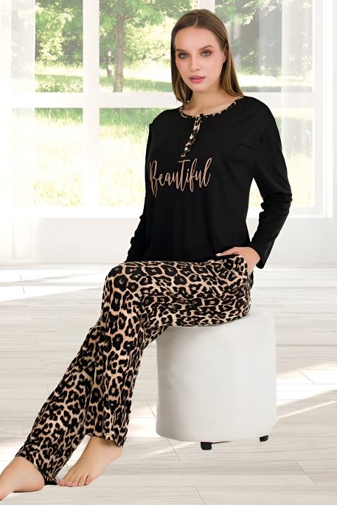 Leopar Desenli Uzun Kollu Pijama Takımı Lady 11647 - 2