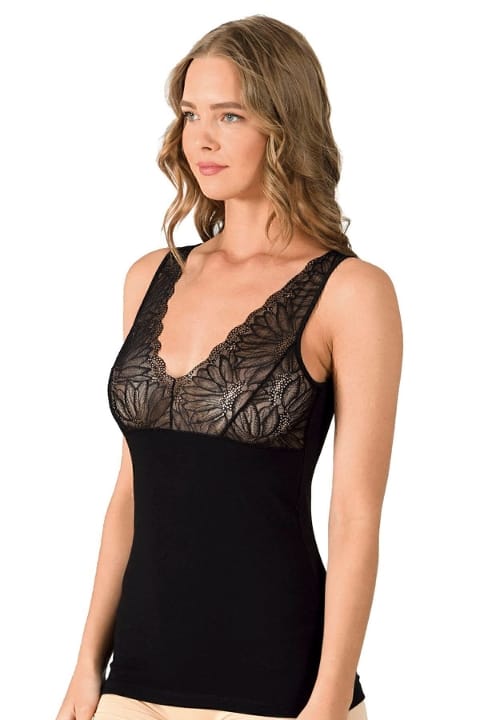 Likralı Dantelli Kalın Askılı Pamuklu Atlet Özkan 25610 - Siyah