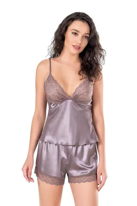 Lila Saten Yumuşak Babydoll Şort Takımı Ahu 9136 - Lila
