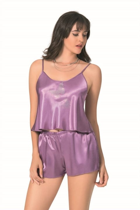 Saten ve Şort Kesim Lila Babydoll Takımı Ahu 9080 - Lila