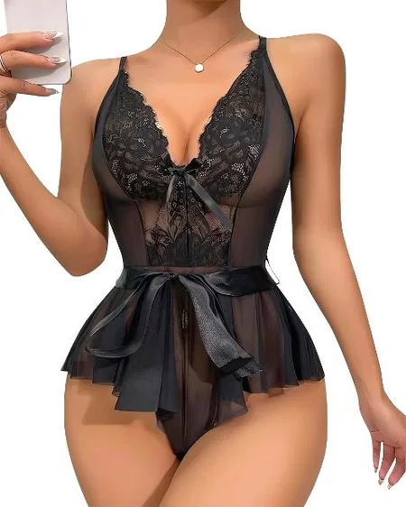 Şeffaf Dantel Tek Parça Body Lily Bianca 969 - Siyah