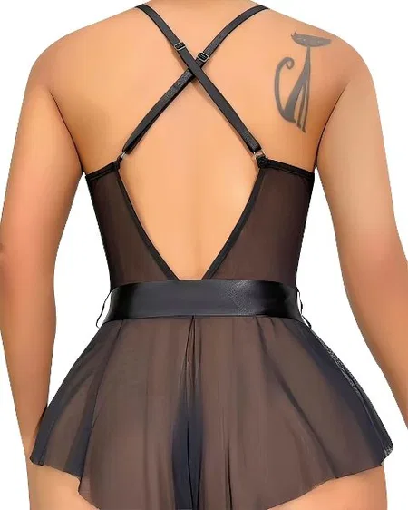 Şeffaf Dantel Tek Parça Body Lily Bianca 969 - Siyah