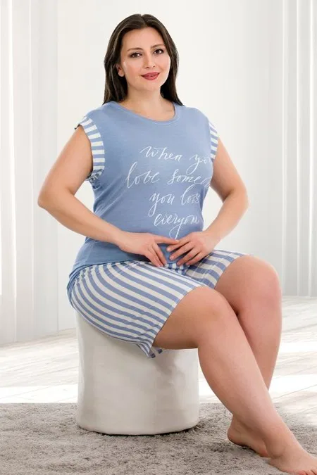 Lady Mavi Viskon Kısa Kol Şortlu Pijama Takımı Lady 10383 - Görsel 2