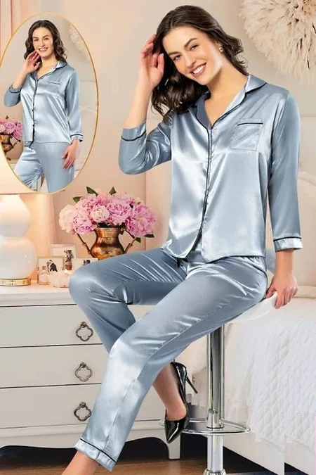 Mavi Saten Önden Düğmeli Kadın Pijama Takımı XSES 2105 - Mavi