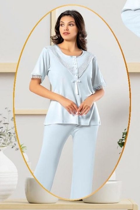 Mavi Emzirme Açıklığına Sahip Hamile Pijama Takımı XSES 4850 - 2