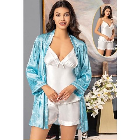 Saten Digital Desenli Mavi Şortlu Sabahlık Pijama Seti XSES 2156
