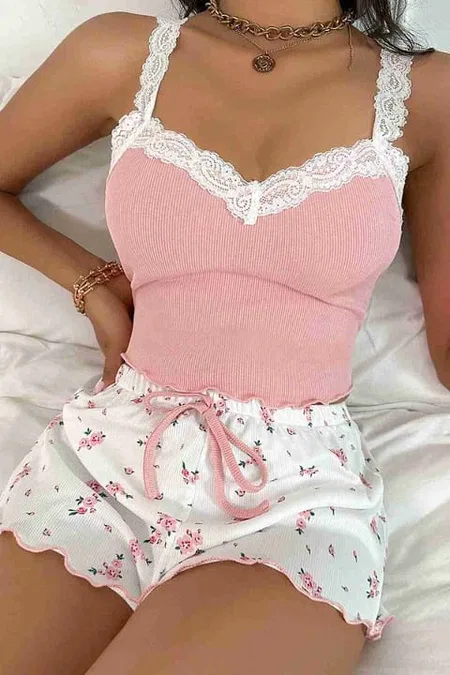 Merry See Çiçek Desenli Dantel Askılı Şortlu Pijama Takımı Çok Renkli Merry See MS 2370 