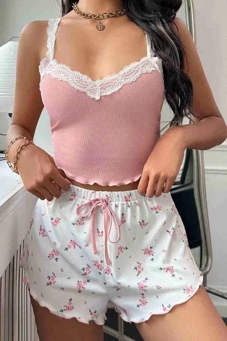 Merry See Çiçek Desenli Dantel Askılı Şortlu Pijama Takımı Çok Renkli Merry See MS 2370  - Görsel 3