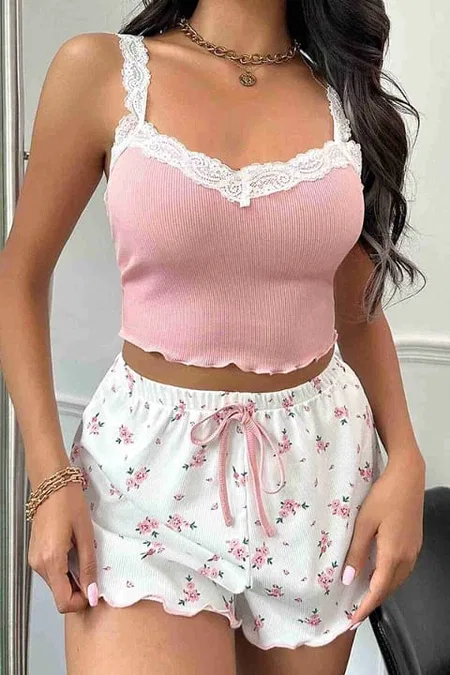 Merry See Çiçek Desenli Dantel Askılı Şortlu Pijama Takımı Çok Renkli Merry See MS 2370  - Görsel 4