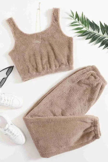 Askılı Peluş Polar Crop Kadın Pijama Takımı Kahverengi Merry See MS4065 - Kahverengi