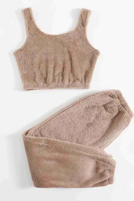 Askılı Peluş Polar Crop Kadın Pijama Takımı Kahverengi Merry See MS4065 - Kahverengi