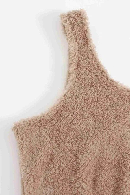 Askılı Peluş Polar Crop Kadın Pijama Takımı Kahverengi Merry See MS4065 - Kahverengi