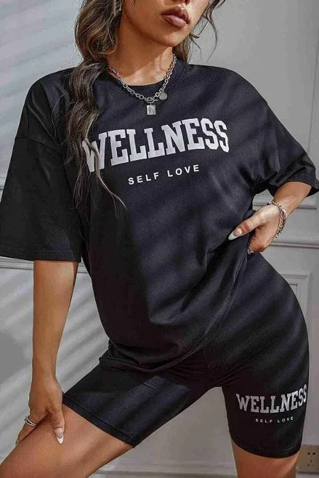 Soft Kısa Kollu Wellness Baskılı Kadın Tayt Takımı Siyah Merry See MS 4075 - Siyah