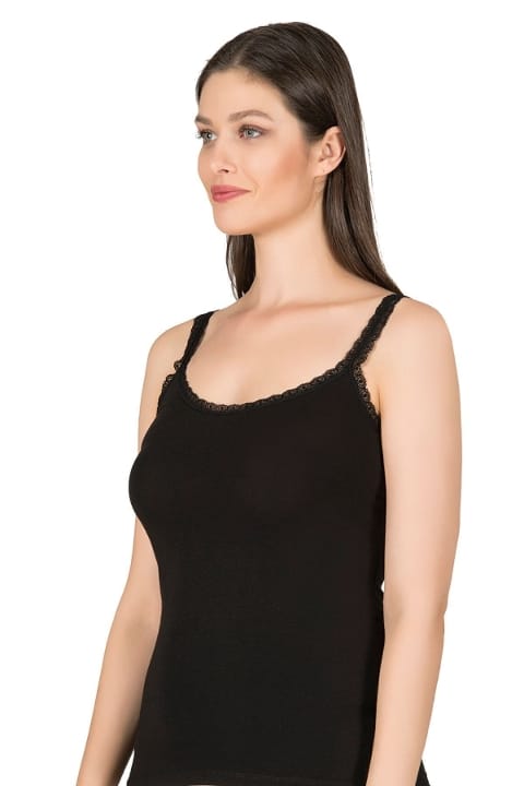 Modal Pamuklu Dantelli İnce Askılı Kadın Atlet Özkan 24675 - Siyah