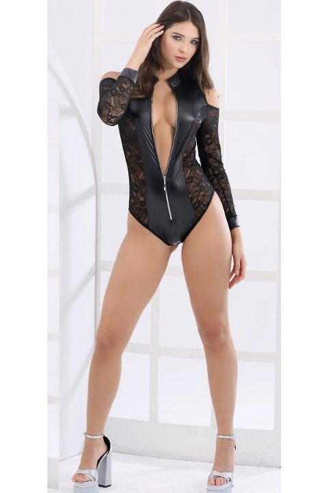 Deri Transparan Detaylı Fantezi Body Moonlight 9380 - Siyah