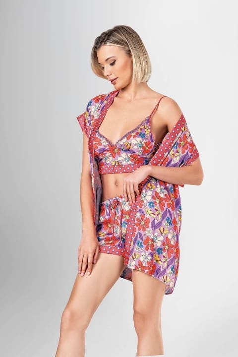 Çiçek Desenli Şort Takımı Kadın Gecelik Ahu 1929 - Mor