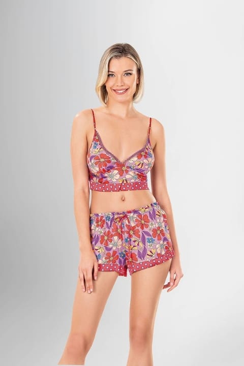 Çiçek Desenli Şort Takımı Kadın Gecelik Ahu 1929 - Mor