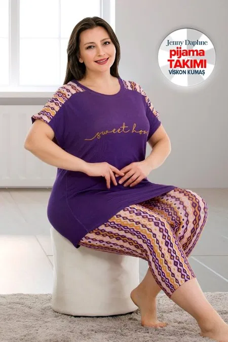 Mor Desenli Büyük Beden Kısa Kol Viskon Kapri Pijama Takımı Lady 10671 - Mor